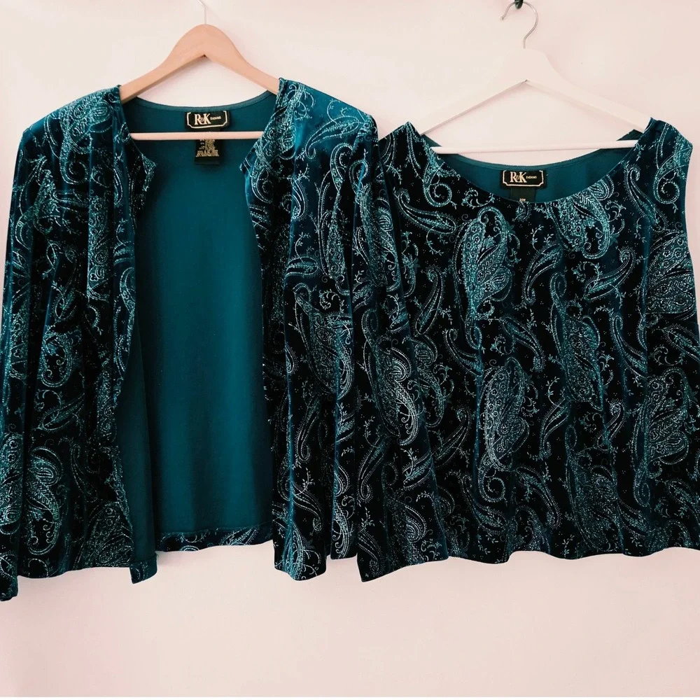 R&K Evening 2 Piece Set Teal Blue Velvet Paisley Glitter Womens 20W